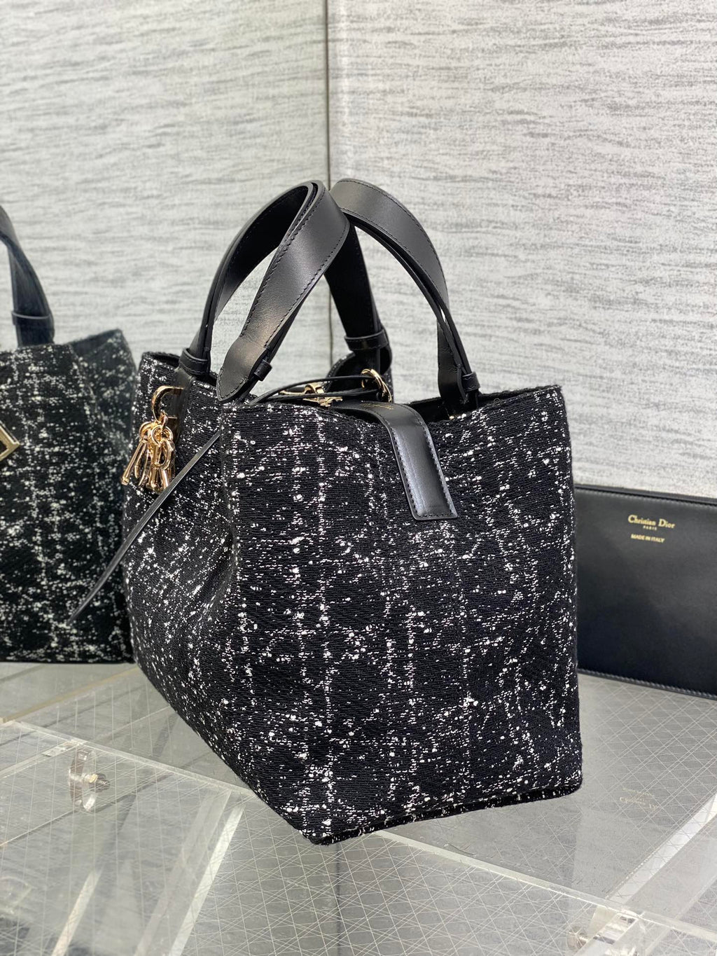 Dior Medium 28 Toujours Bag in Black Mix White Cannage Tweed with Gold Hardware