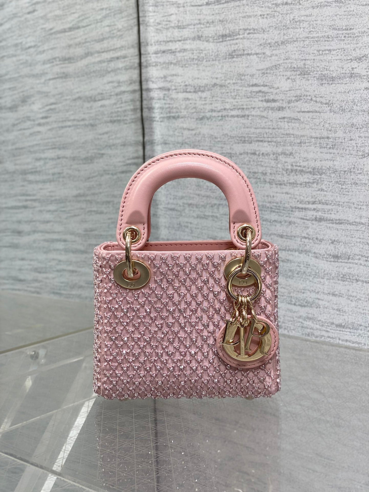 Dior Micro 12 Lady Bag in Blush Pink Satin with Beading