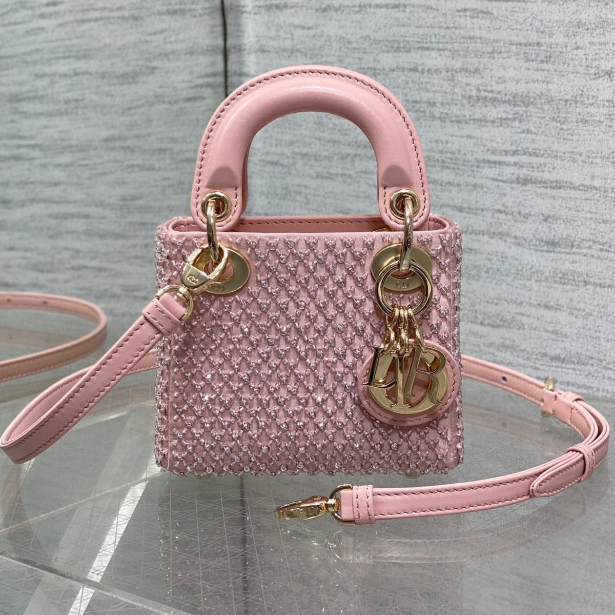 Dior Micro 12 Lady Bag in Blush Pink Satin with Beading