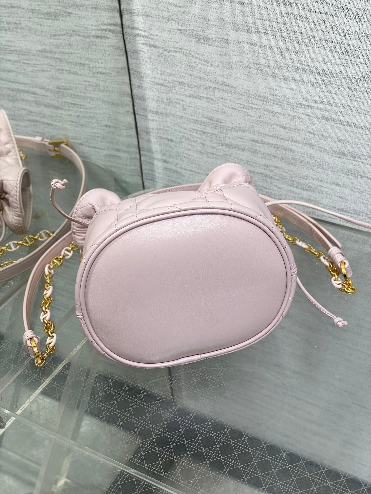 Dior Montaigne Mini 18 Bucket Bag with Drawstring in Baby Pink Lambskin