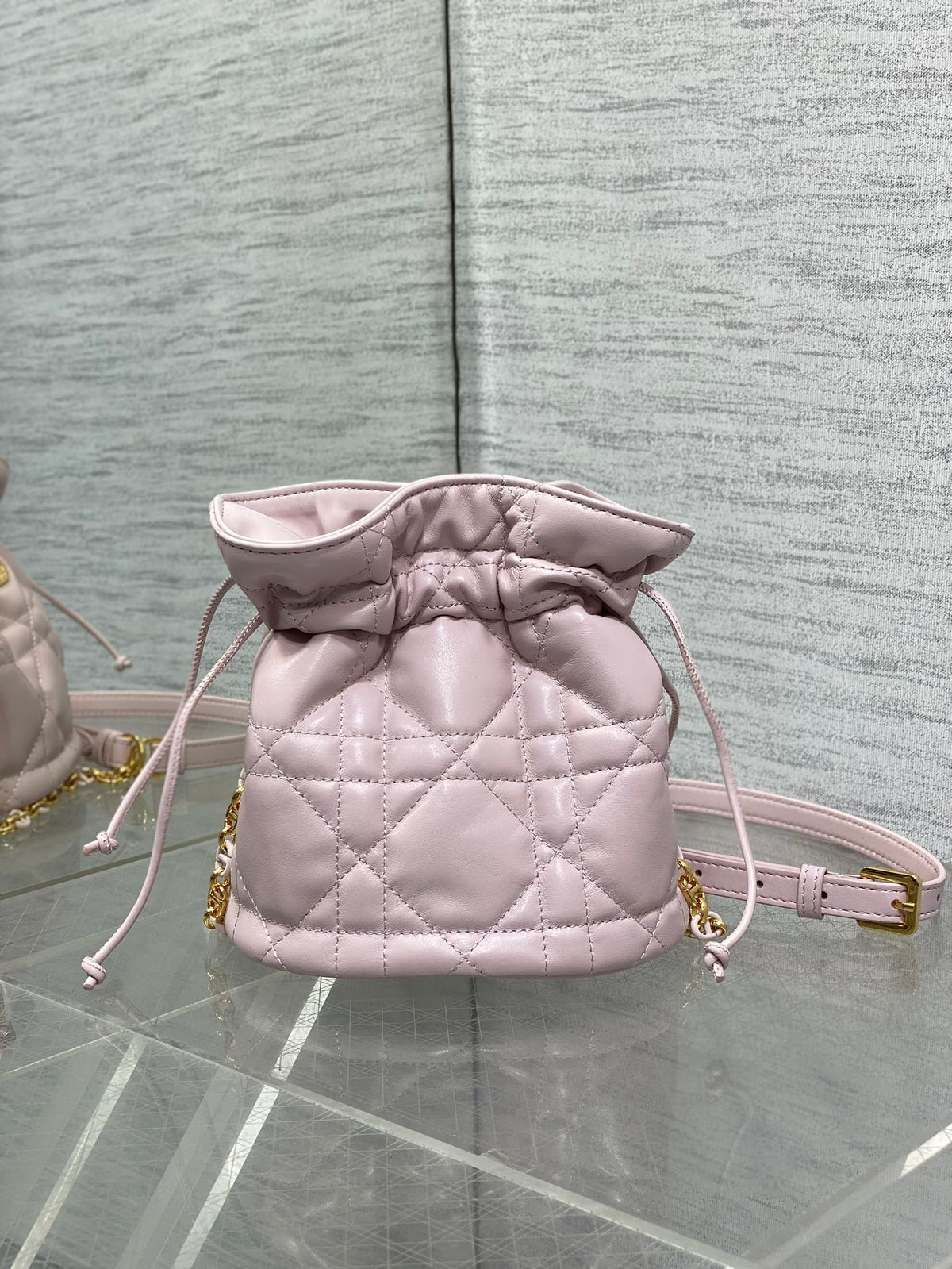 Dior Montaigne Mini 18 Bucket Bag with Drawstring in Baby Pink Lambskin