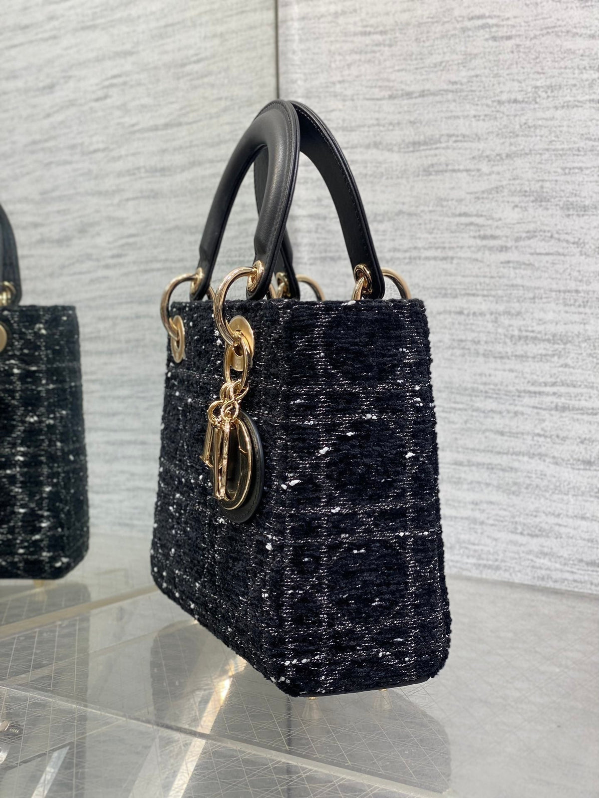 Dior Mini 20 Lady Bag in Black Mix White Cannage Tweed with Gold Hardware