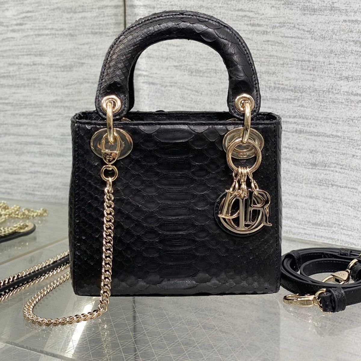Dior Mini 17 Lady Bag in Black Snakeskin Pattern Lambskin