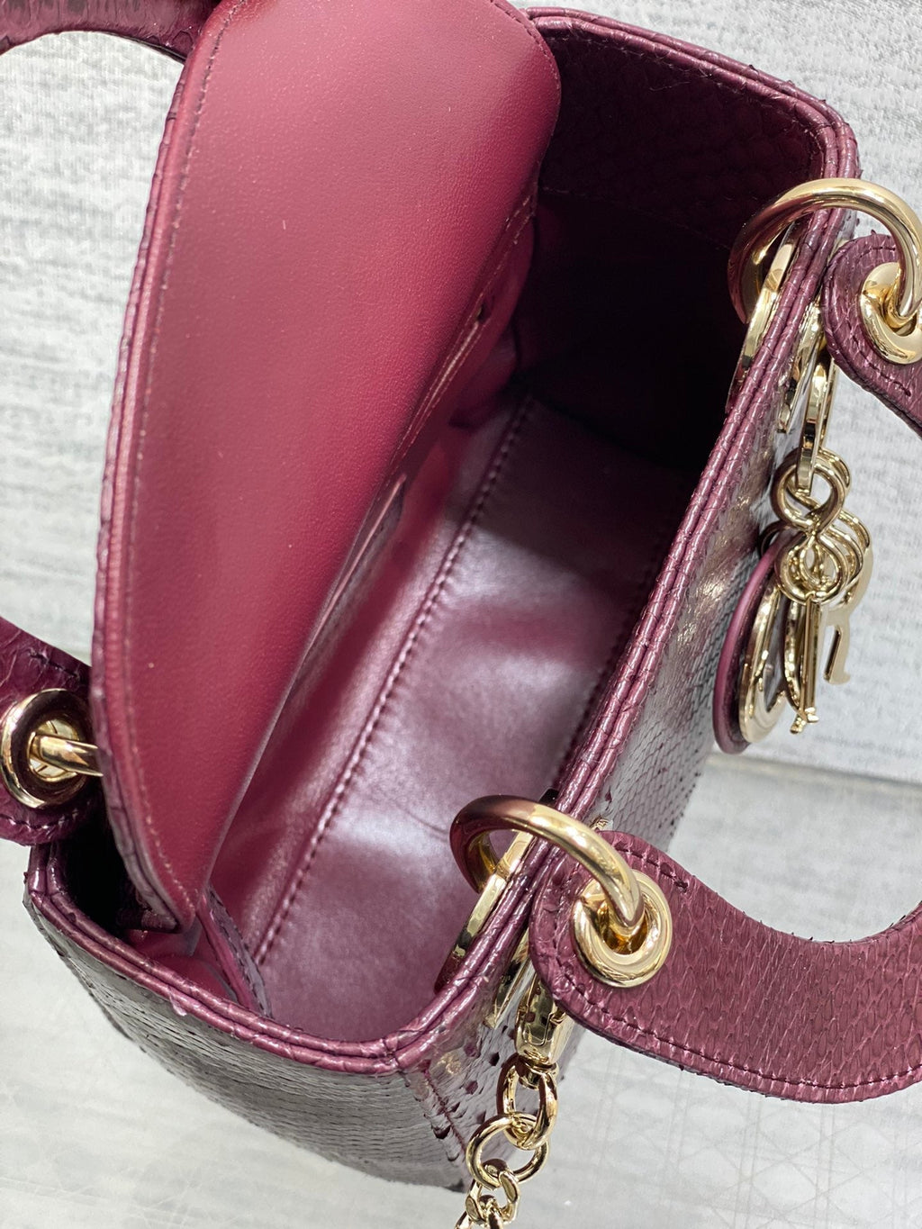 Dior Mini 17 Lady Bag in Plum Purple Snakeskin Pattern Lambskin