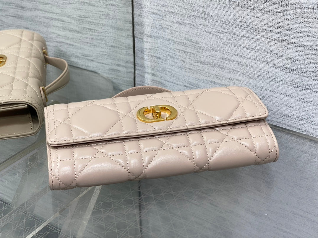 Dior Miss Caro Top Handle Pouch 24 in Bisque Beige Macrocannage Lambskin