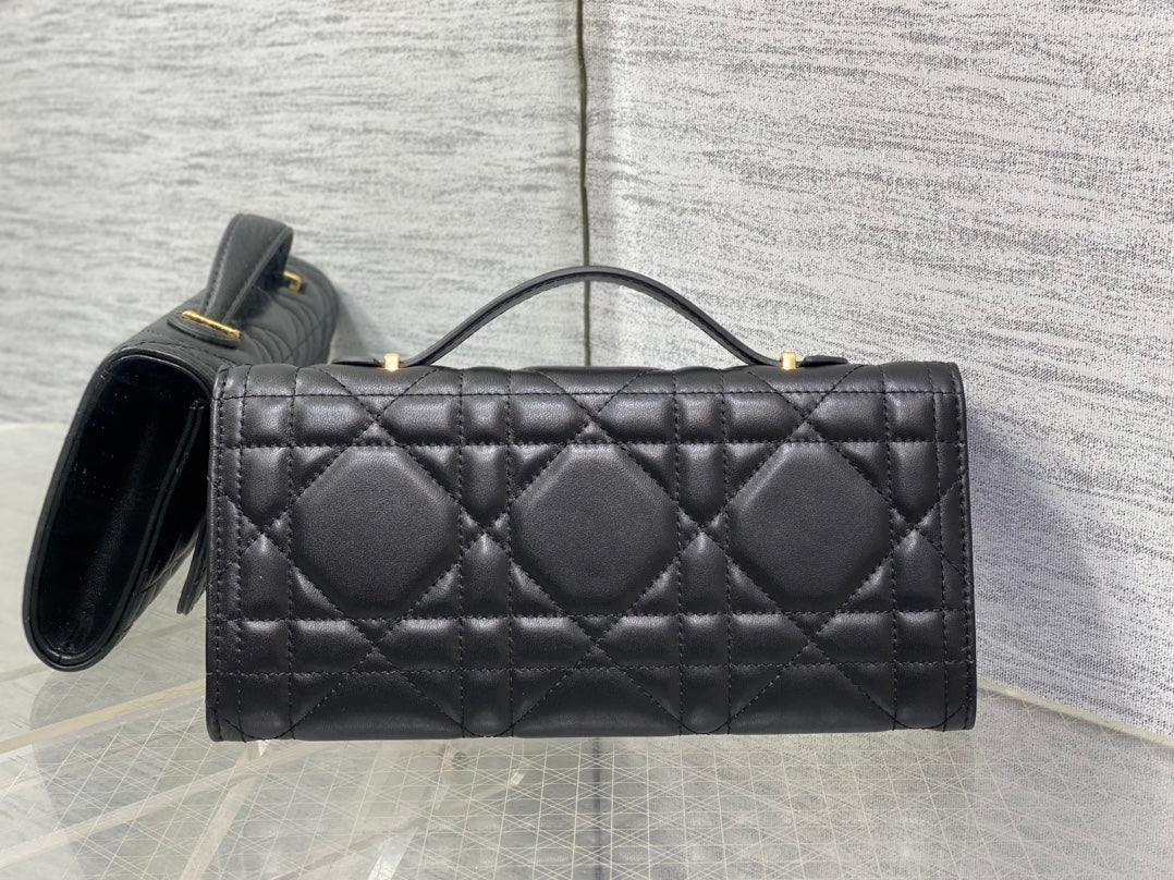 Dior Miss Caro Top Handle Pouch 24 in Black Macrocannage Lambskin