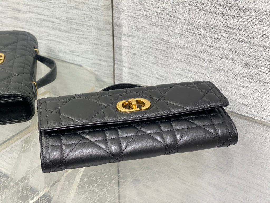 Dior Miss Caro Top Handle Pouch 24 in Black Macrocannage Lambskin