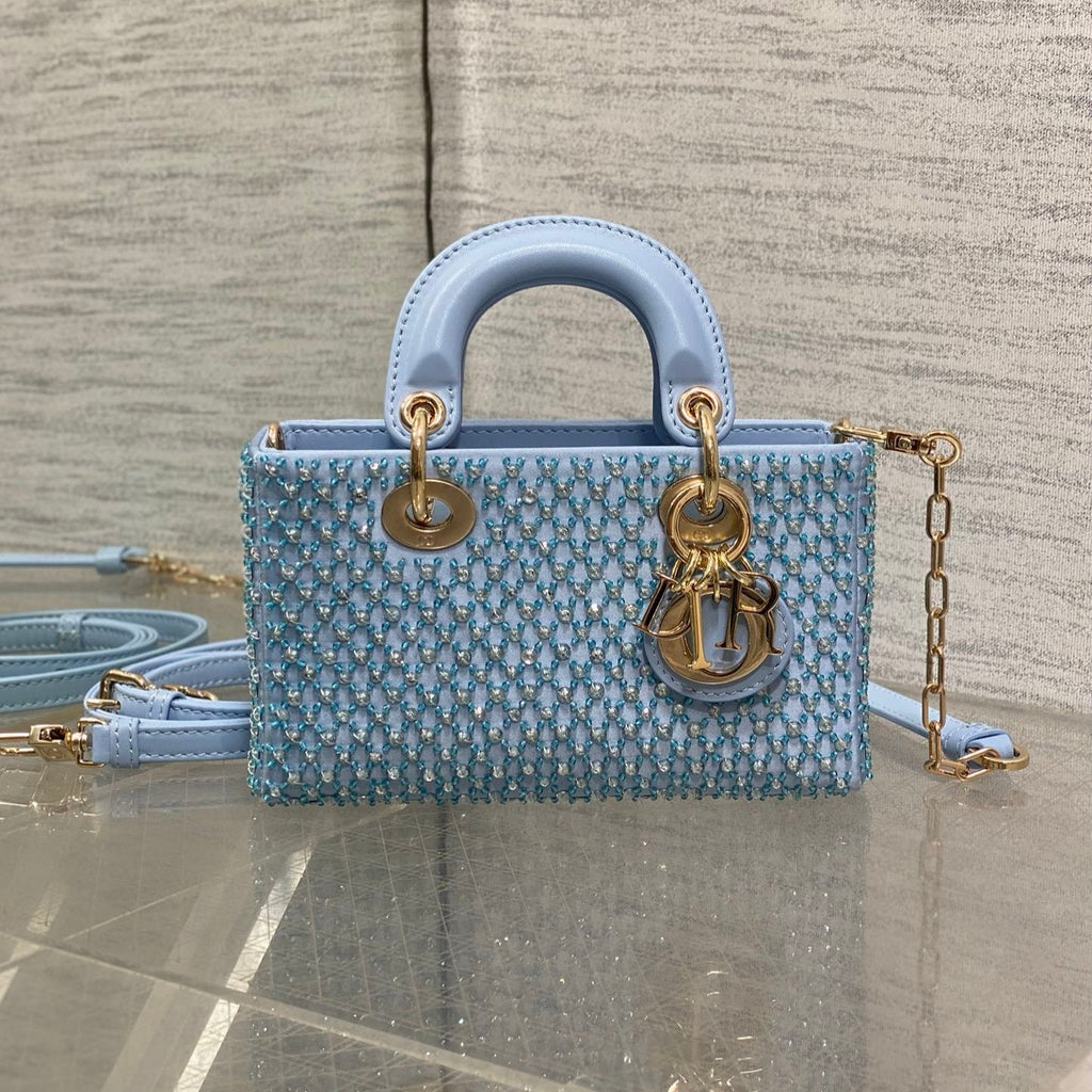Dior Small 16 Lady D-Joy Bag in Powder Blue Cannage Lambskin with Embroidered Beadwork Beadwork