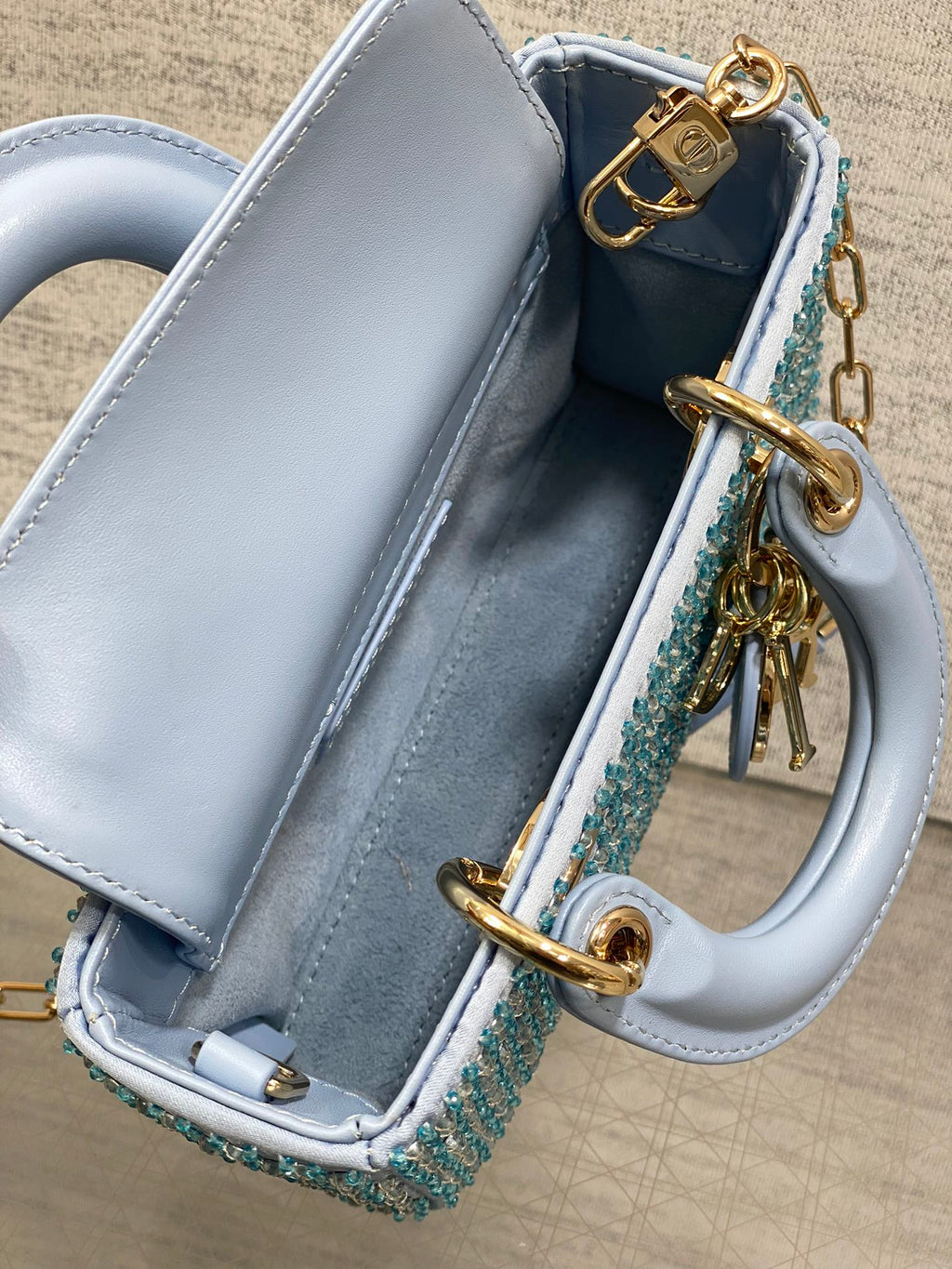 Dior Small 16 Lady D-Joy Bag in Powder Blue Cannage Lambskin with Embroidered Beadwork Beadwork