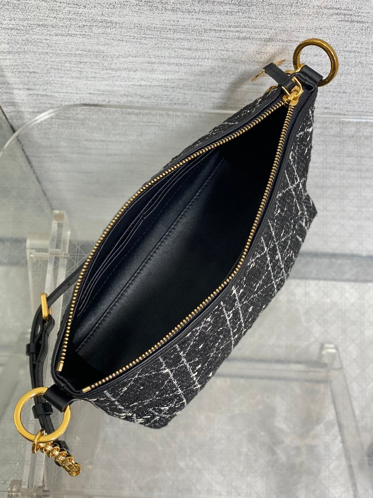 Dior Star Hobo 28 Bag with Chain Black Mix White Cannage Tweed with Gold Hardware