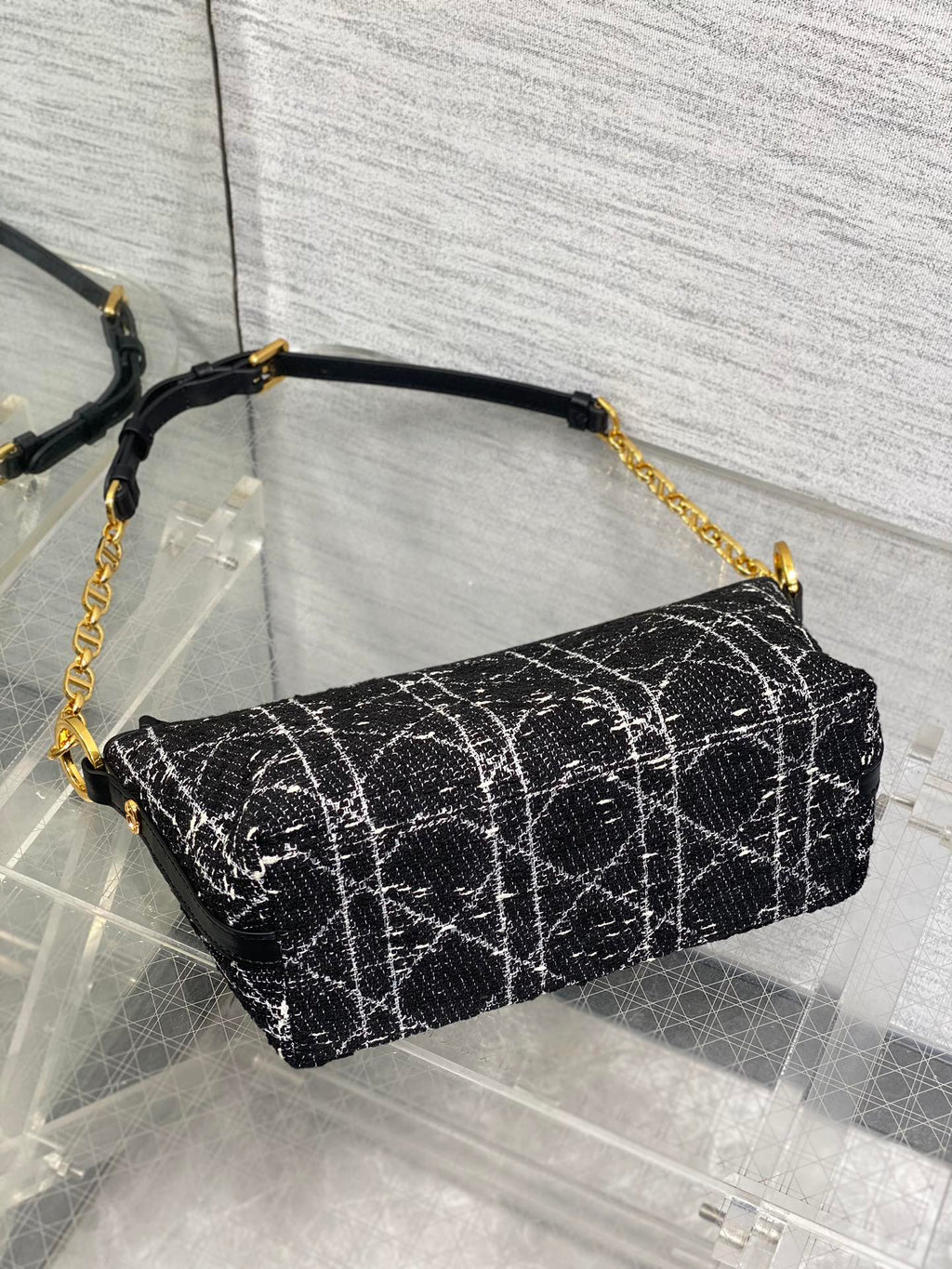 Dior Star Hobo 28 Bag with Chain Black Mix White Cannage Tweed with Gold Hardware
