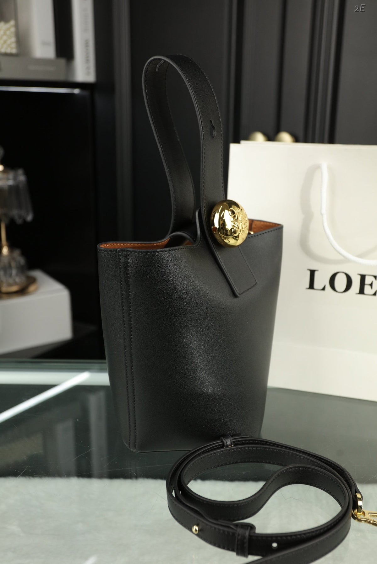 Loewe Mini 19 Pebble Bucket in Black Mellow Calfskin