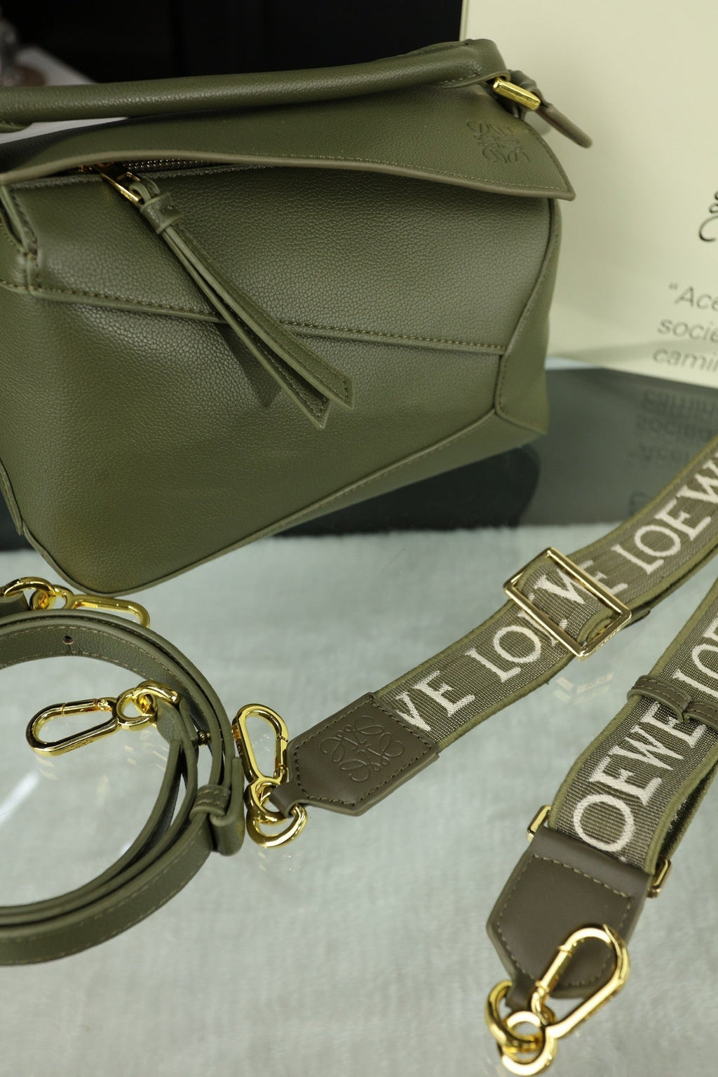 Loewe Mini Puzzle 23 Bag in Dark Olive Green Calfskin - No Fabric Strap