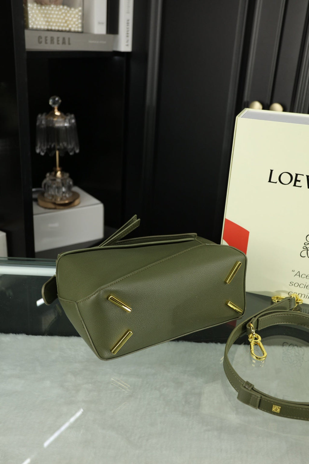 Loewe Mini Puzzle 23 Bag in Dark Olive Green Calfskin - No Fabric Strap