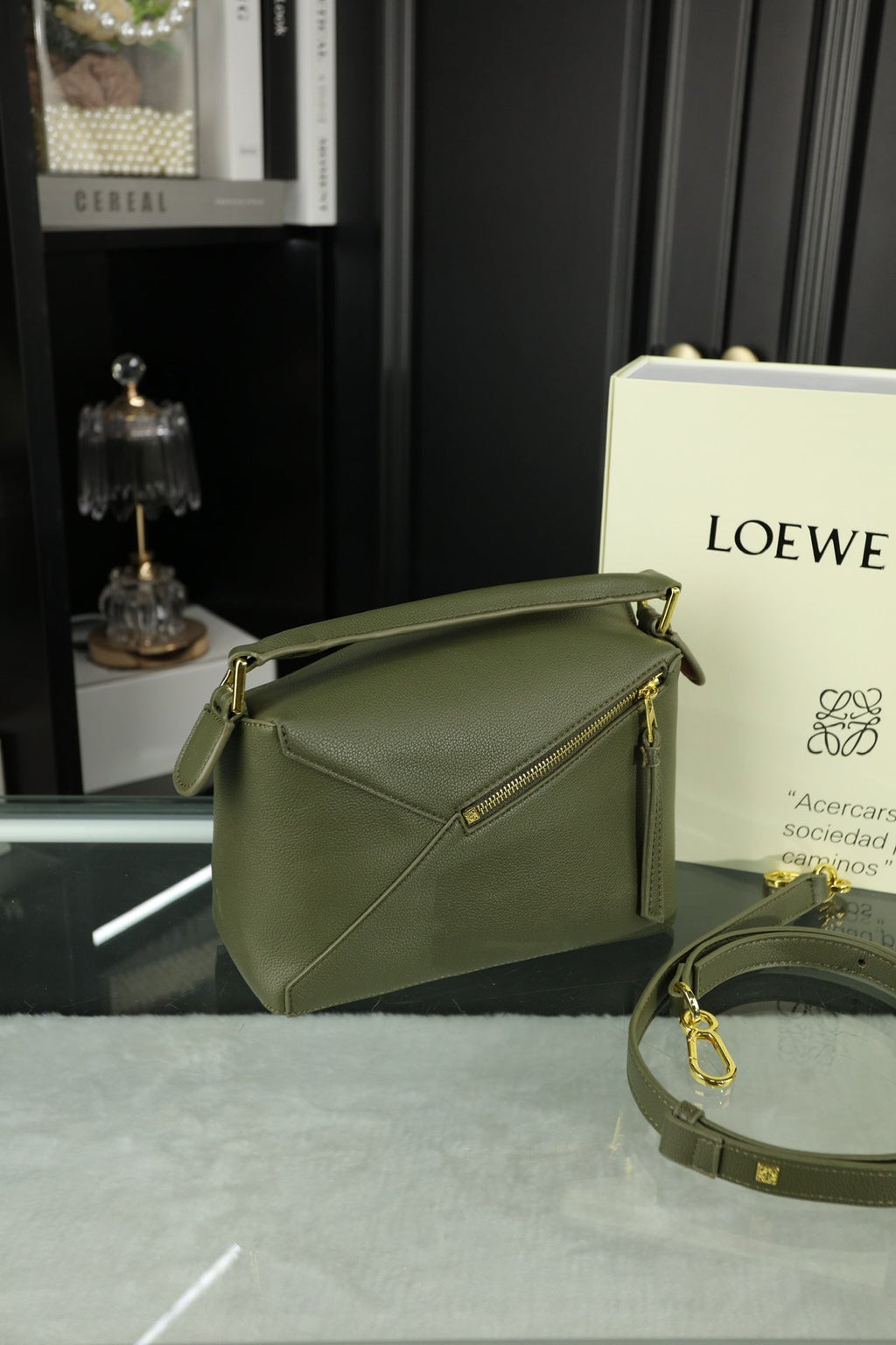 Loewe Mini Puzzle 23 Bag in Dark Olive Green Calfskin - No Fabric Strap