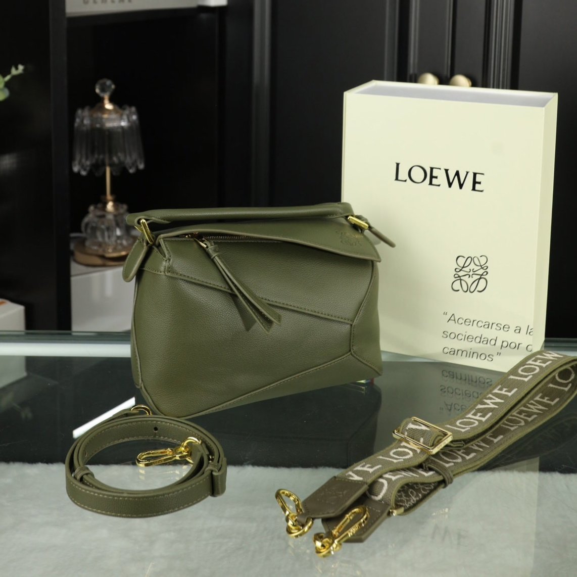 Loewe Mini Puzzle 23 Bag in Dark Olive Green Calfskin - No Fabric Strap