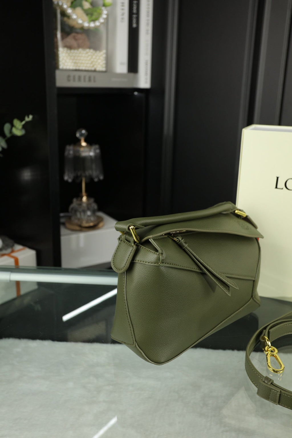 Loewe Mini Puzzle 23 Bag in Dark Olive Green Calfskin - No Fabric Strap