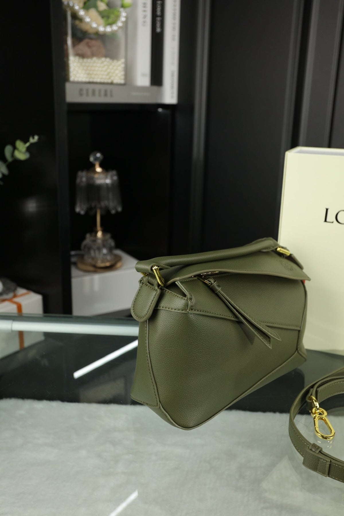 Loewe Mini Puzzle 23 Bag in Dark Olive Green Calfskin - No Fabric Strap