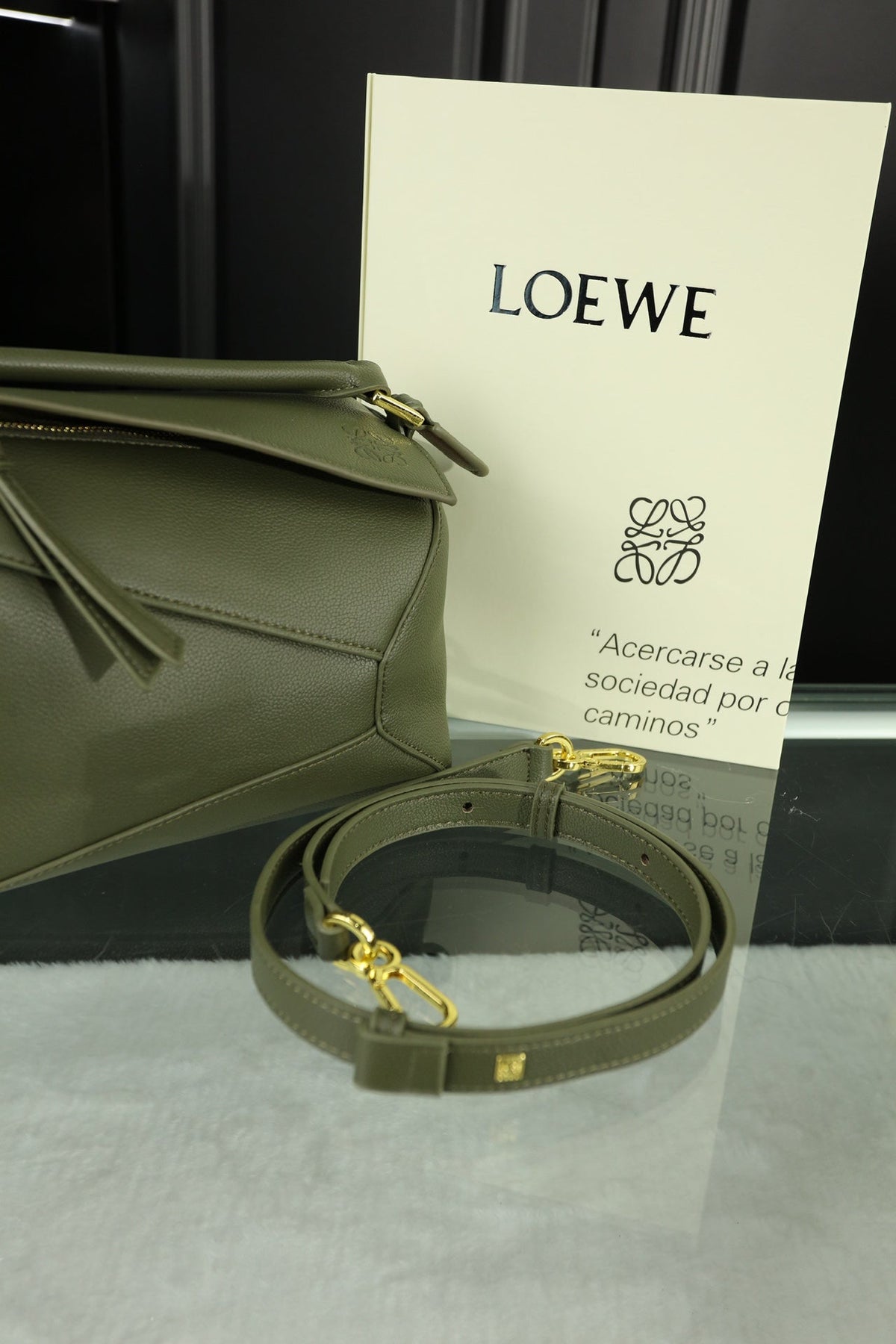Loewe Mini Puzzle 23 Bag in Dark Olive Green Calfskin - No Fabric Strap