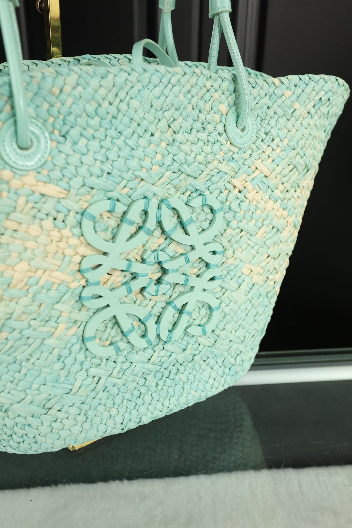 Loewe Small Anagram Basket 28 Bag in Light Blue Iraca Palm and Calfskin