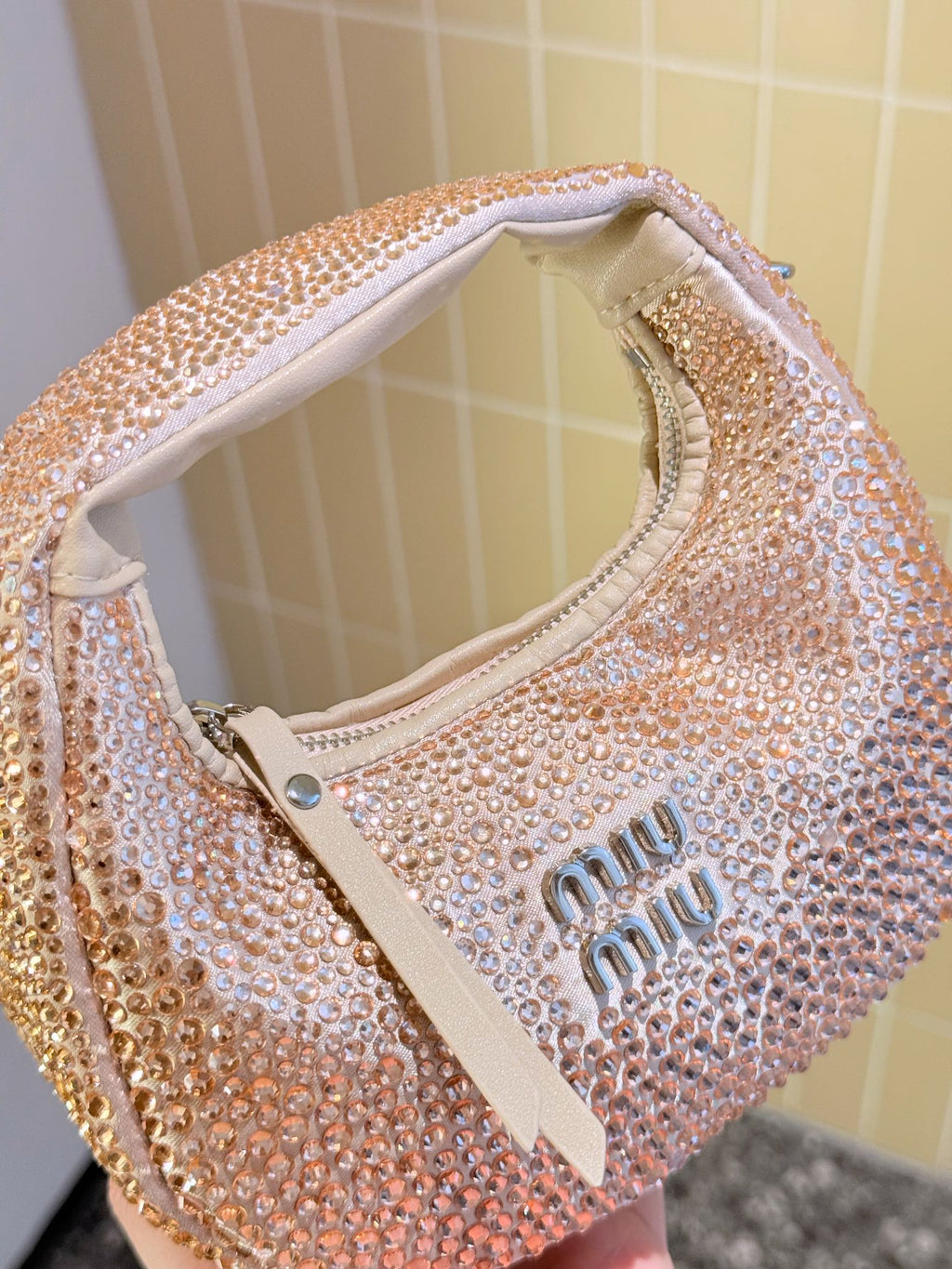 Party Rhinestone Bag 17 in Light Pink Fabric and Leather Trim