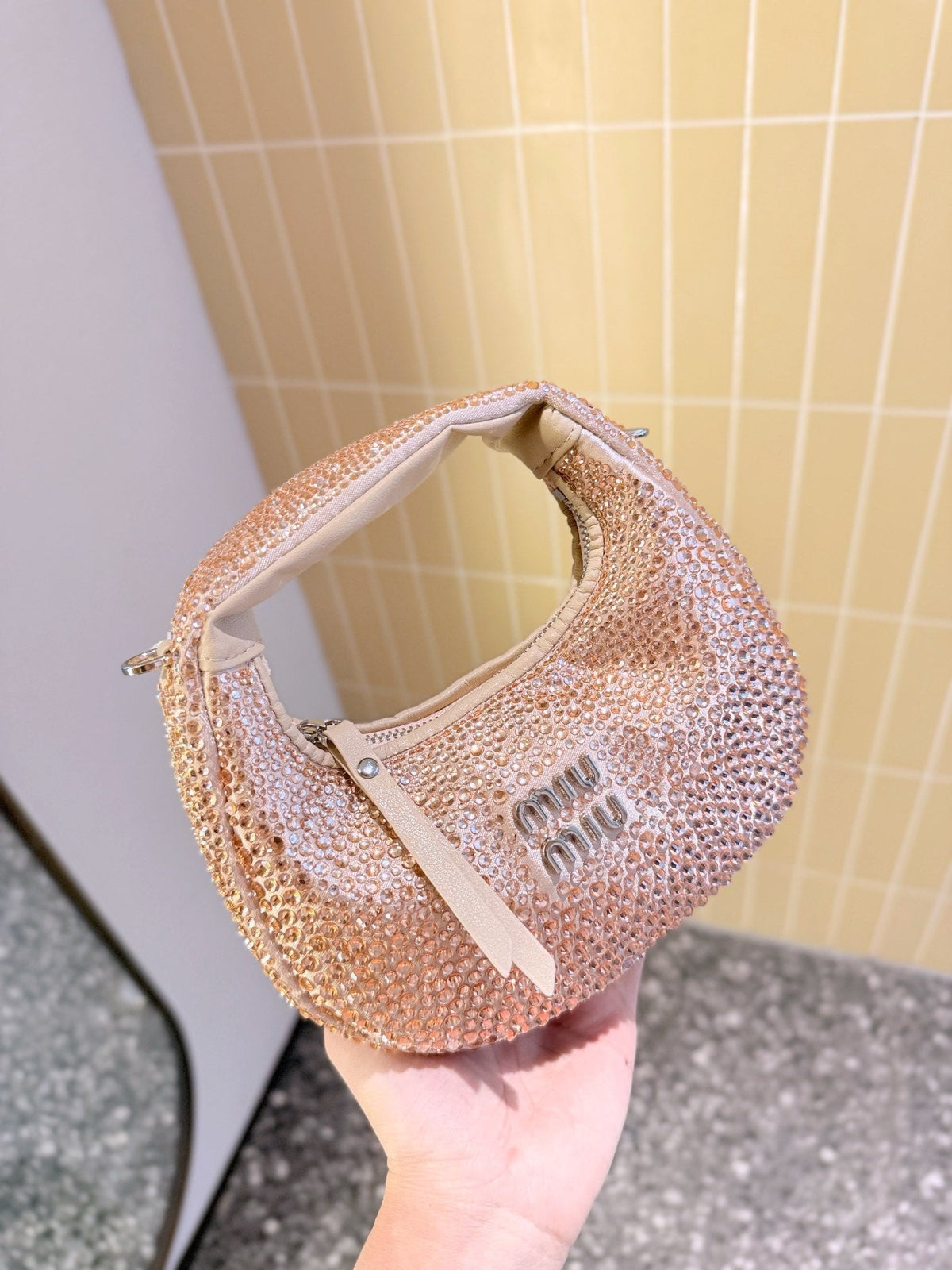 Party Rhinestone Bag 17 in Light Pink Fabric and Leather Trim