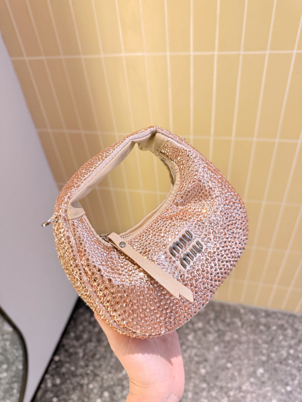 Party Rhinestone Bag 17 in Light Pink Fabric and Leather Trim