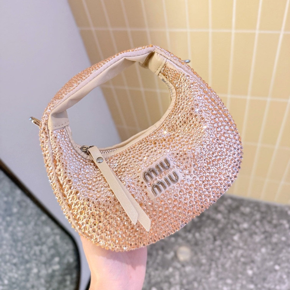 Party Rhinestone Bag 17 in Light Pink Fabric and Leather Trim