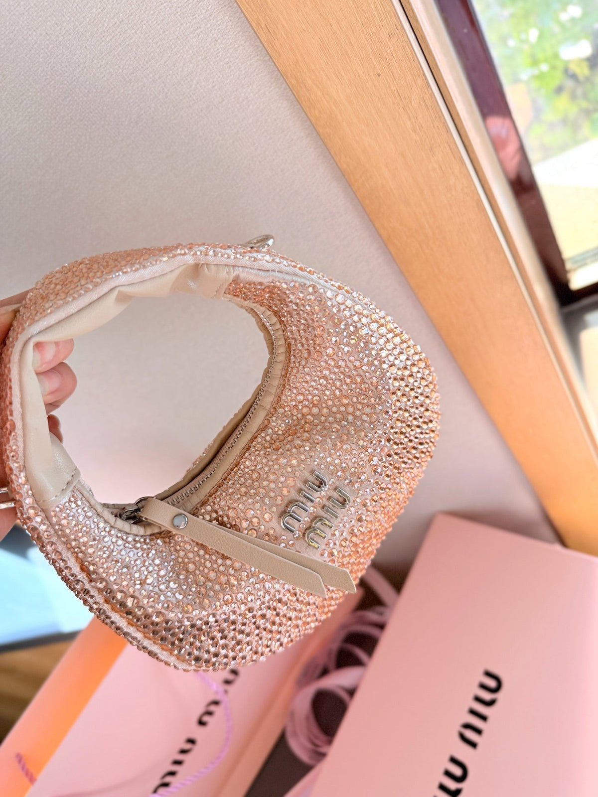Party Rhinestone Bag 17 in Light Pink Fabric and Leather Trim
