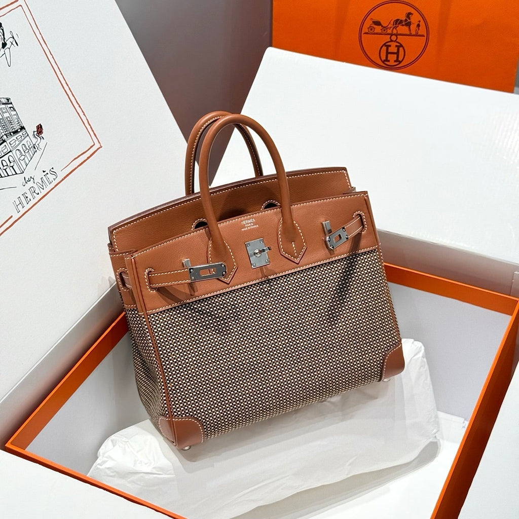 Hermes Quadrille Birkin 25cm in Gold Swift Calfskin and Black/White/Brown Toile Canvas Bag