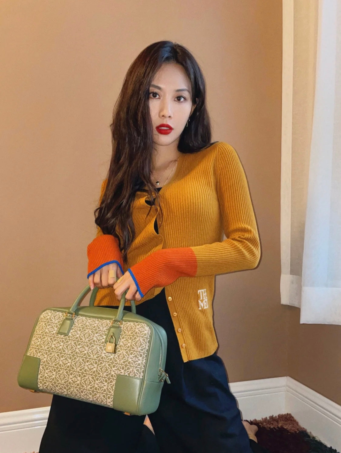 Loewe Amazona 28 Bag in Olive Green Calfskin and Beige Monogram Fabric