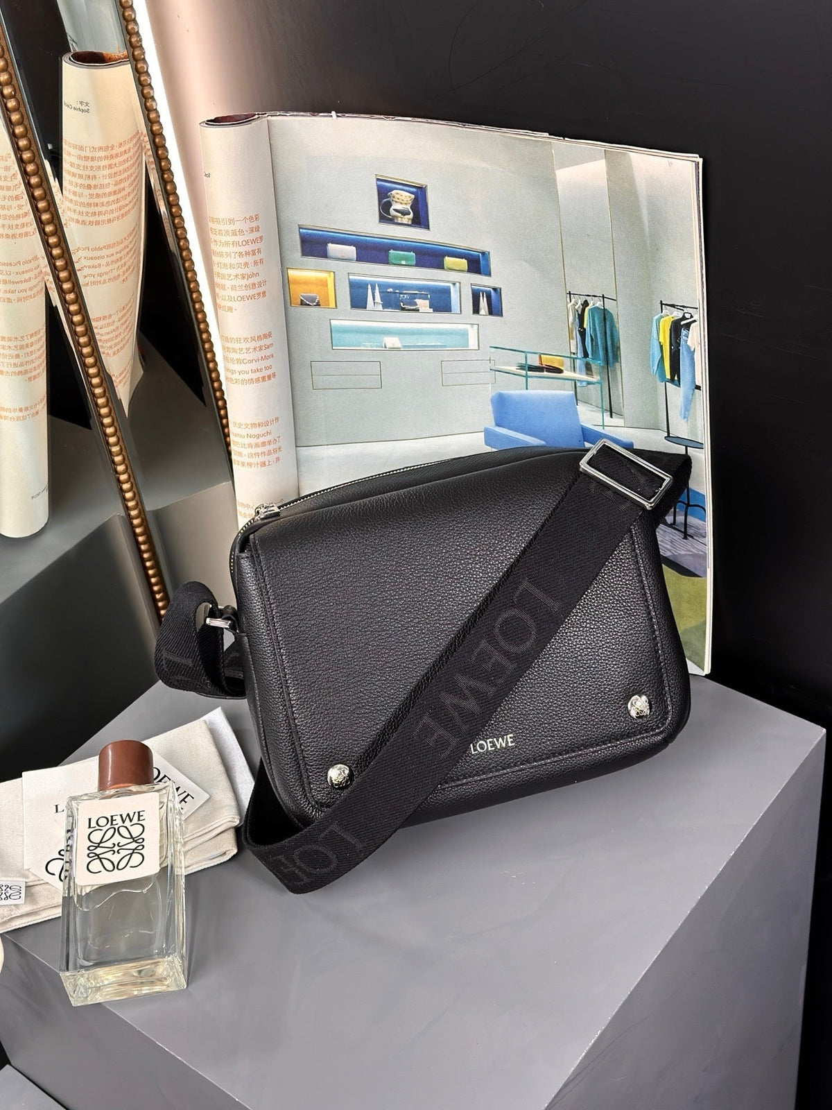 Loewe Medium 23 Pebble Messenger Bag in Black Supple Grained Calfskin