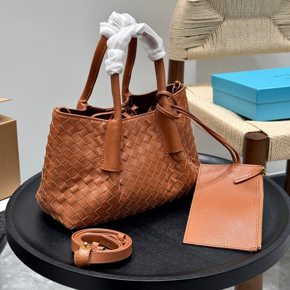 Bottega Veneta Small Pinacoteca Tote Bag 25 in Rust Brown Calfskin
