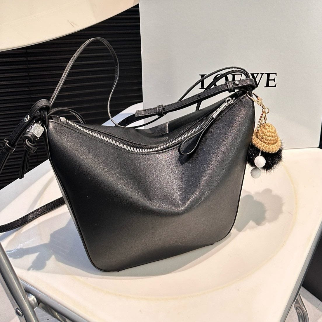 Loewe Luna Hobo 17 Bag in Black Calfskin
