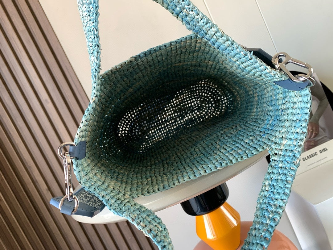 Loewe 30 Slit Bag in Denim Blue Raffia and Calfskin