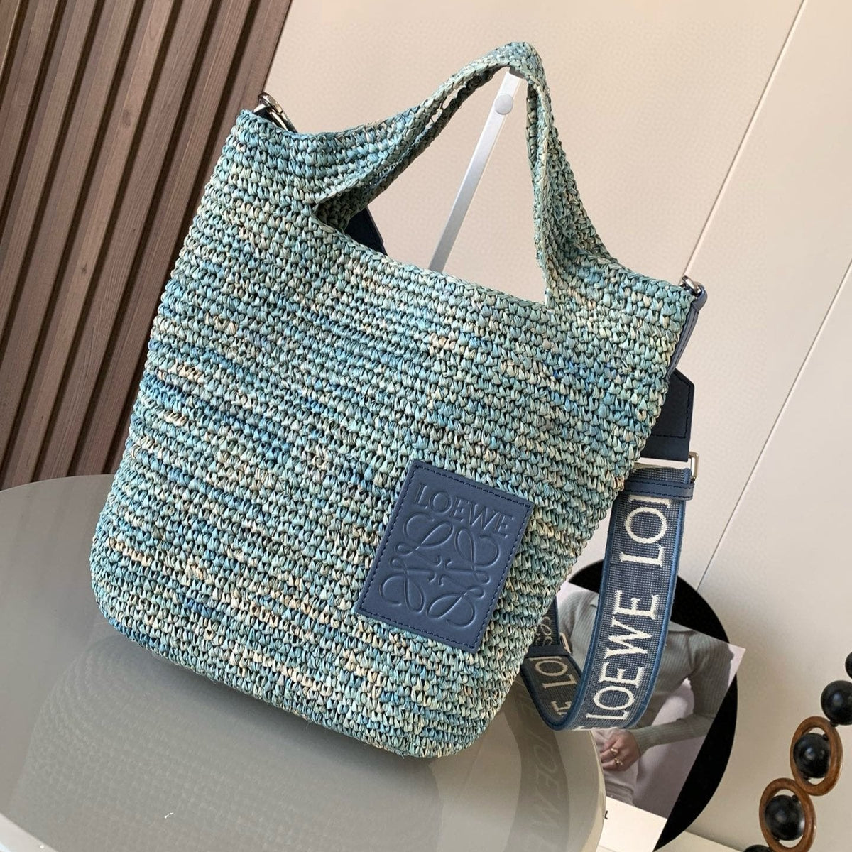 Loewe 30 Slit Bag in Denim Blue Raffia and Calfskin