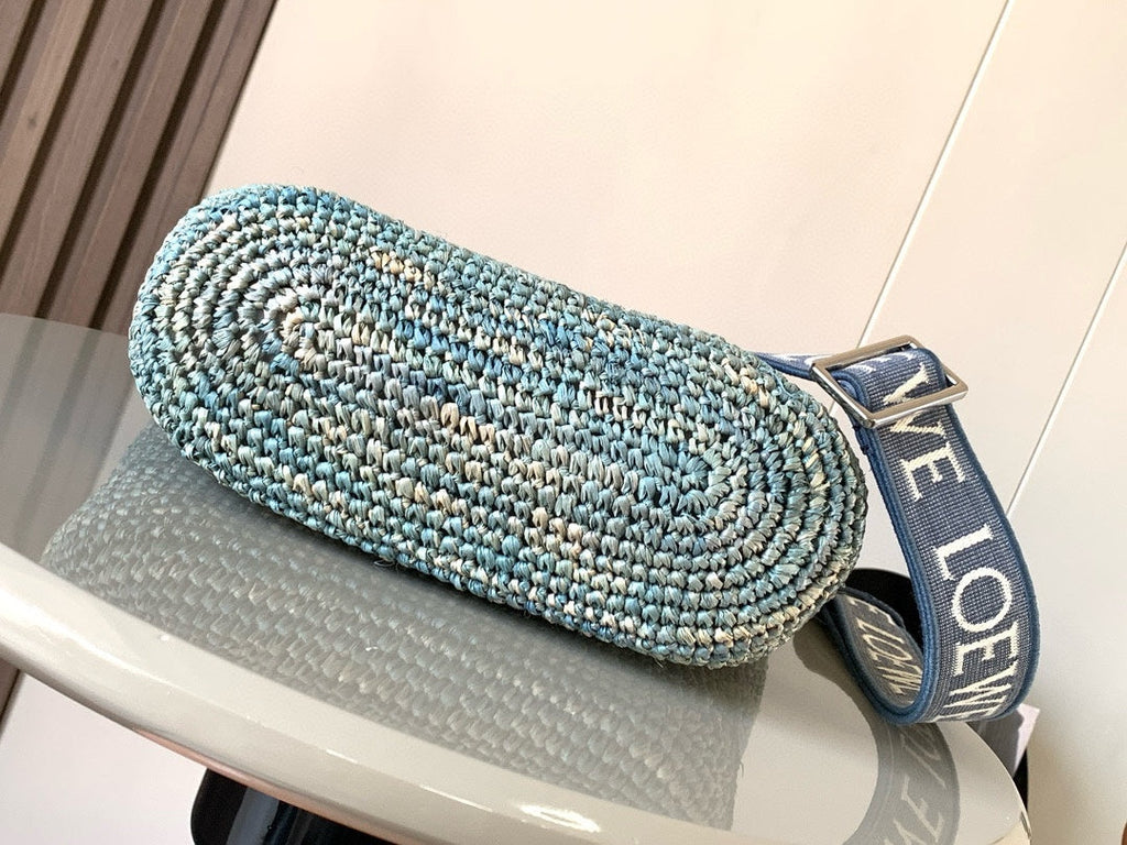 Loewe 30 Slit Bag in Denim Blue Raffia and Calfskin