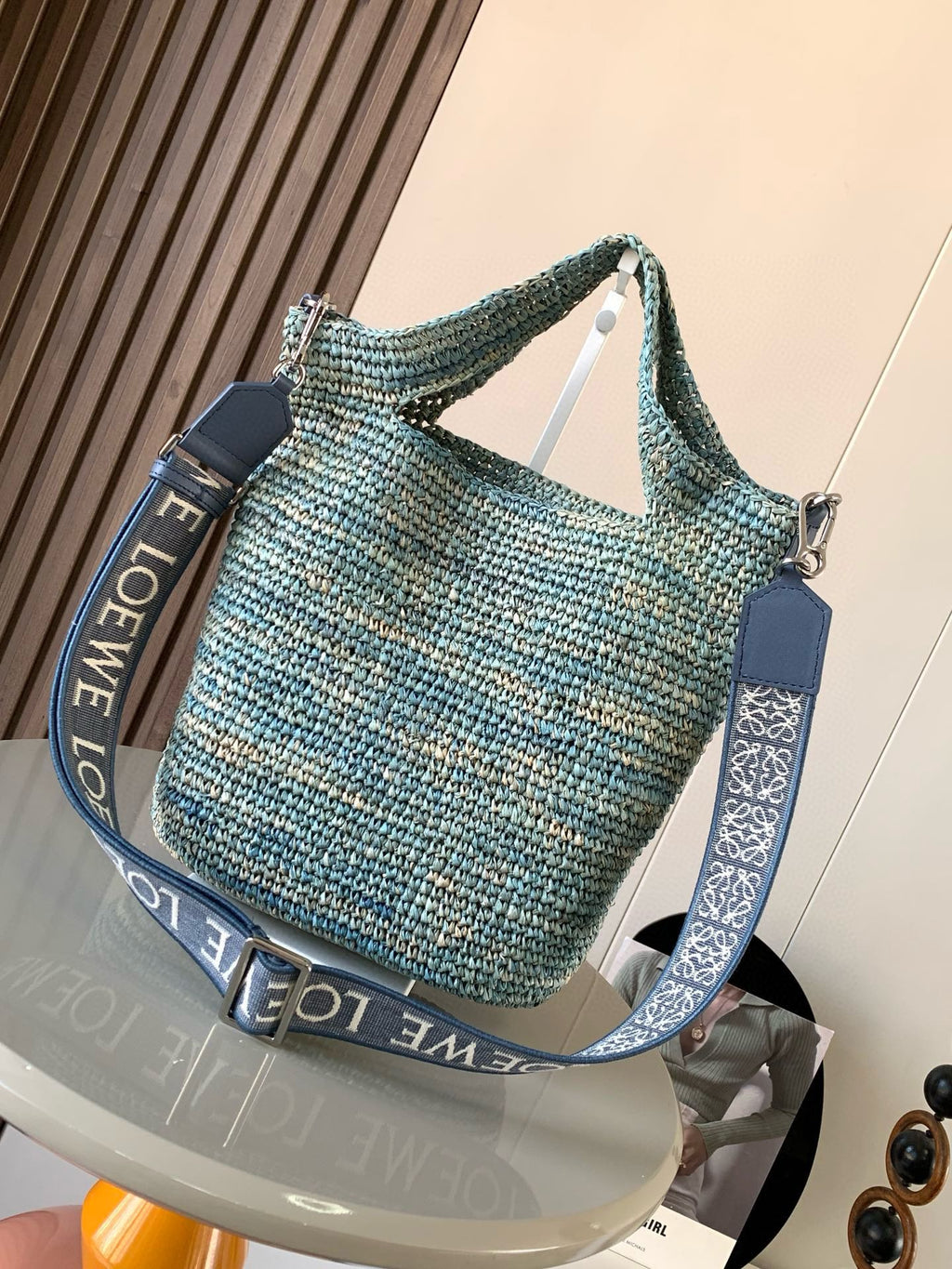 Loewe 30 Slit Bag in Denim Blue Raffia and Calfskin
