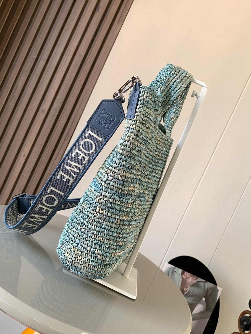 Loewe 30 Slit Bag in Denim Blue Raffia and Calfskin