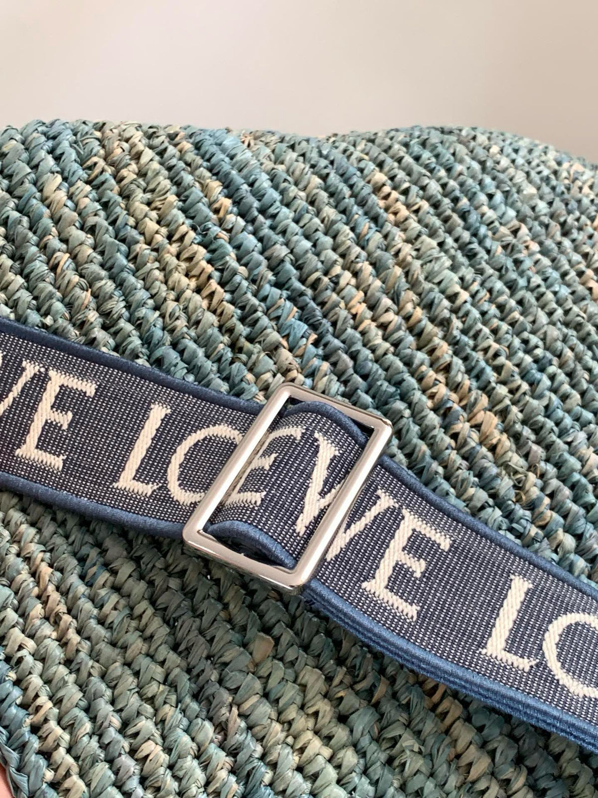 Loewe 30 Slit Bag in Denim Blue Raffia and Calfskin