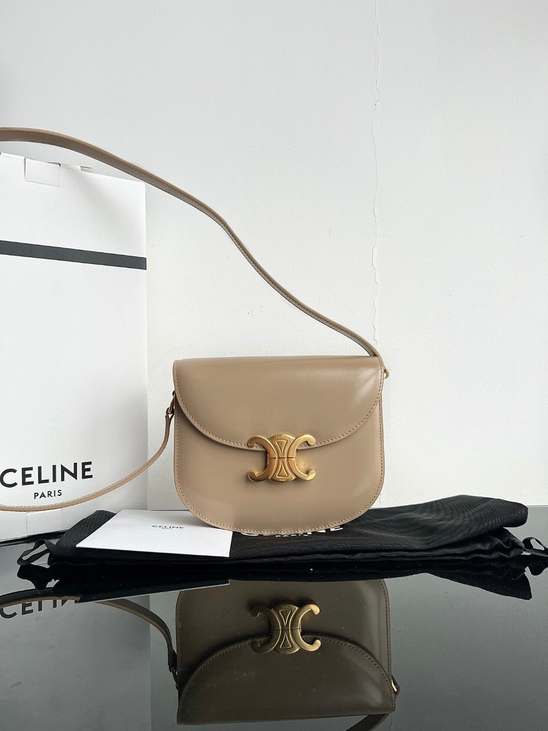 Celine Triomphe 15 Cream Gray Calfskin Handbag