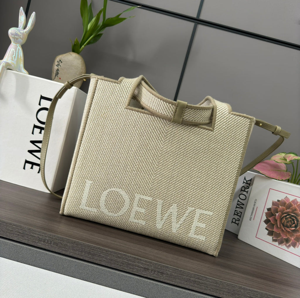 Large 30 Loewe Font Tote in Ecru Jacquard Canvas
