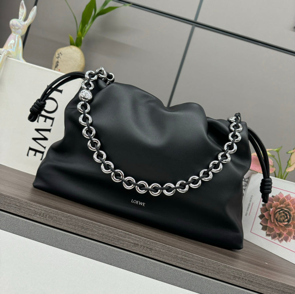 Loewe Large 41 Flamenco Purse Bucket in Black Lambskin Silver Hardware
