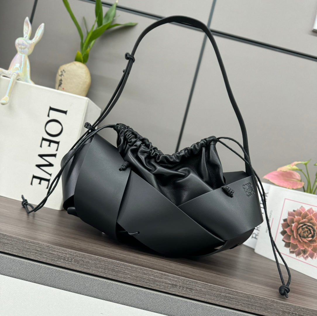 Loewe Interlaced Hobo 38 Bag in Black Calfskin