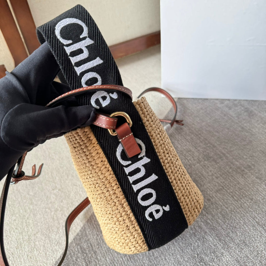 Small Woody Basket 17 in Natural Fibers Black Webbing Brown Calfskin Bag