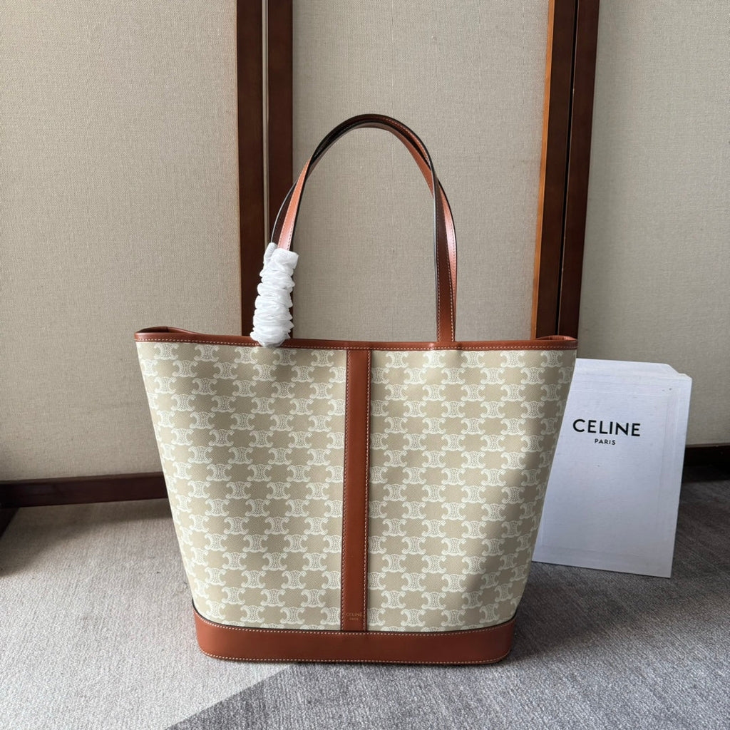 Celine Triomphe Canvas 31.5 in Printed Calfskin Brown White Bag