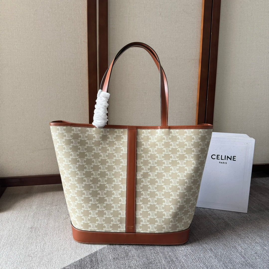 Celine Triomphe Canvas 31.5 in Printed Calfskin Brown White Bag