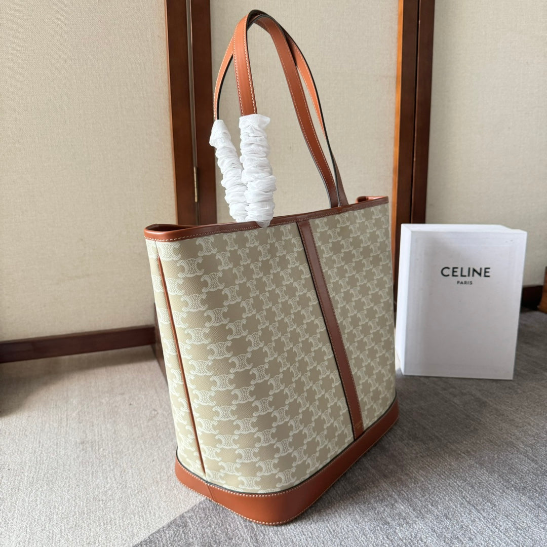 Celine Triomphe Canvas 31.5 in Printed Calfskin Brown White Bag