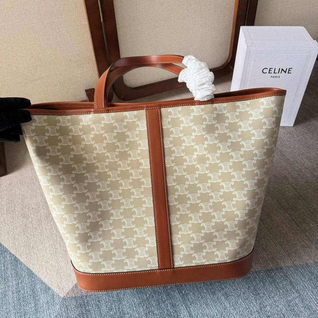 Celine Triomphe Canvas 31.5 in Printed Calfskin Brown White Bag