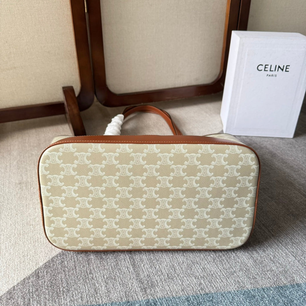 Celine Triomphe Canvas 31.5 in Printed Calfskin Brown White Bag
